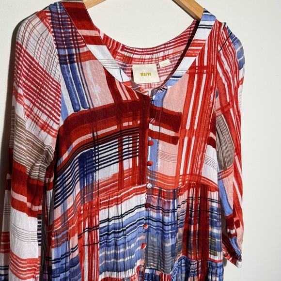 MAEVE ANTHROPOLOGIE RED BLUE PLAID FLOWY 3/4 Sleeve Blouse TUNIC TOP XS EUC - Picture 5 of 12